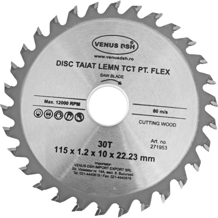 Discuri debitare și polizare - Disc tăiat lemn carbură TCT pentru flex 115 x 1,2 x 10 x 22,23 mm-30 T
