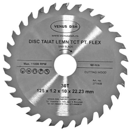 Discuri debitare și polizare - Disc tăiat lemn carbură TCT pentru flex-125 x 1,2 x 10 x 22,23 mm-30 T