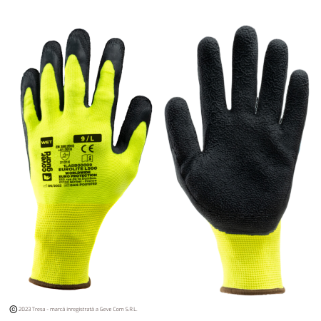 PROTECȚIA MÂINILOR - EUROLITE L500, Mănuși de protecție din poliester și elastan, imersate dublu în latex, lungime 24 cm, grosime 13 gauge