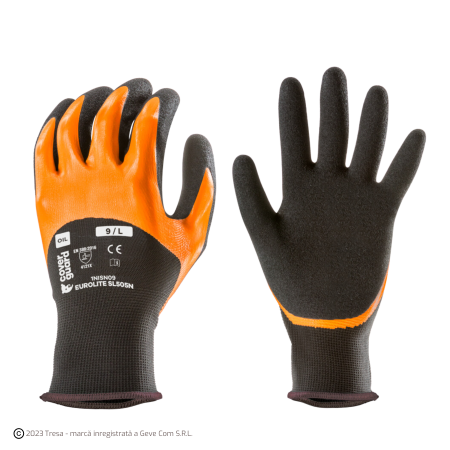 PROTECȚIA MÂINILOR - EUROLITE SL505N, Mănuși de protecție din poliester și elastan, imersate în nitril neted portocaliu și nisipos negru