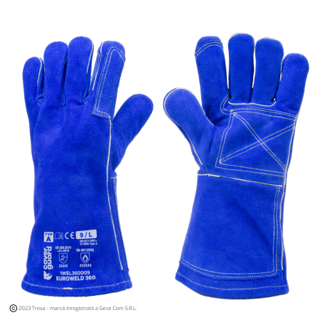 Protecție sudură - EUROWELD 360, Mănuși de protecție pentru sudură, piele șpalt bovină albastră, căptușeală fleece, manșetă lungime 15 cm