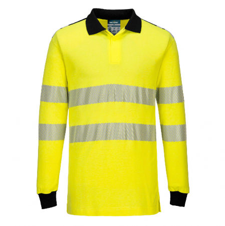 Tricouri si bluze reflectorizante (HI-VIS) - PW3 - FR702, Tricou polo HI-VIS cu mânecă lungă, din material ignifug Modaflame Knit HV, 210 g/mp