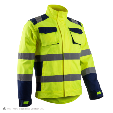 Îmbrăcăminte REFLECTORIZANTĂ (HI-VIS) - HIBANA, Jachetă de lucru din bumbac-poliester, cu benzi reflectorizante și inserții elastice, protecție vizuală clasa 2 și 3, 270 g/mp
