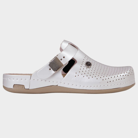 Saboți și papuci - LEON LADY PEARL, Saboți de damă din piele naturală perforată cu branț gel și talpă PU antiderapantă
