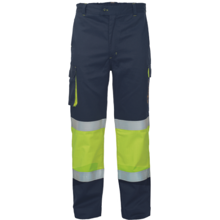 Îmbrăcăminte IGNIFUGĂ (ANTI-FLACĂRĂ) - MULTINORM STRIP FR HV, Pantaloni ignifugi din fr bumbac, 260 g/mp