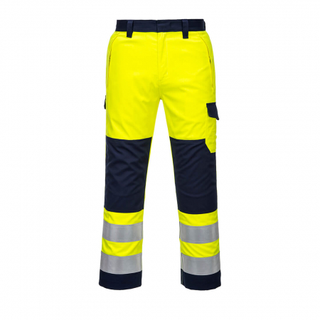 Pantaloni si salopete reflectorizante (HI-VIS) - PORTWEST MODAFLAME MV46, Pantaloni HI VIS antistatici (ESD), antichimici, ignifugi din modacrilic, bumbac și fibre carbon, 280 g/mp