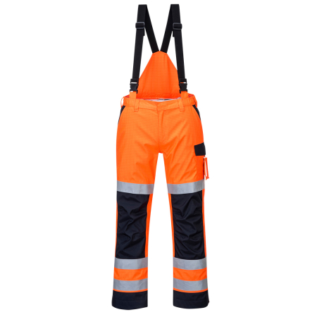 Îmbrăcăminte REFLECTORIZANTĂ (HI-VIS) - MV71, Pantaloni de ploaie ignifugi multi-normă HI-VIS cu pieptar detașabil din poliester și modacrilic, 350 g/mp