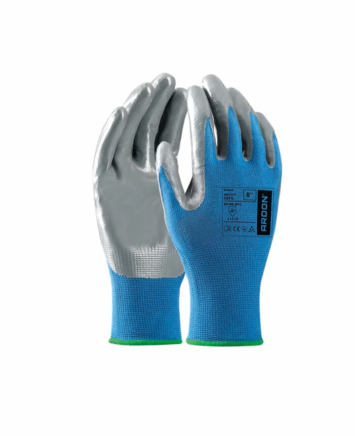 Mănuși Textile Imersate - NITRAX, Mănuși de protecție din nylon, imersate în nitril BAYER, grosime 0,9 mm