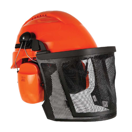 Căști de protecție industriale EN 397 - OAK ROCKMAN, Cască de protecție forestieră cu calotă din HDPE, suspensie din polietilenă, antifoane 26 dB și vizieră