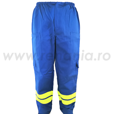 Îmbrăcăminte REFLECTORIZANTĂ (HI-VIS) - Pantaloni de lucru din bumbac, țesătură diagonală, cu benzi reflectorizante de 5 cm