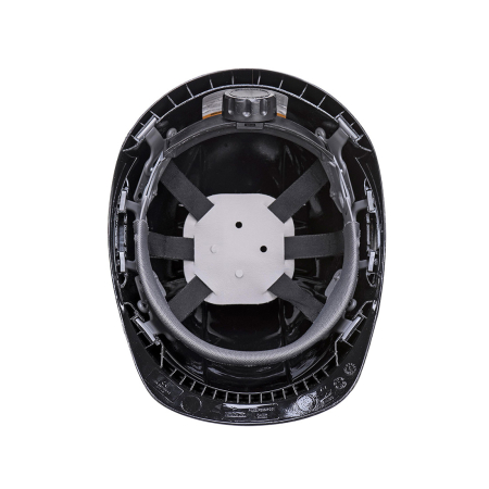 Căști de protecție industriale EN 397 - PC55, Cască de protecție cu aspect carbon, calotă din ABS, suspensie textilă cu fixare în 6 puncte, reglare cu clichet