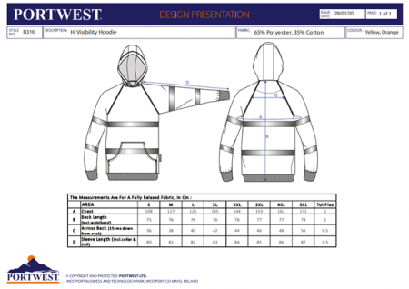 PORTWEST B316, Hanorac cu glugă cu vizibilitate ridicată, din poliester și bumbac, 300 g/mp [2]