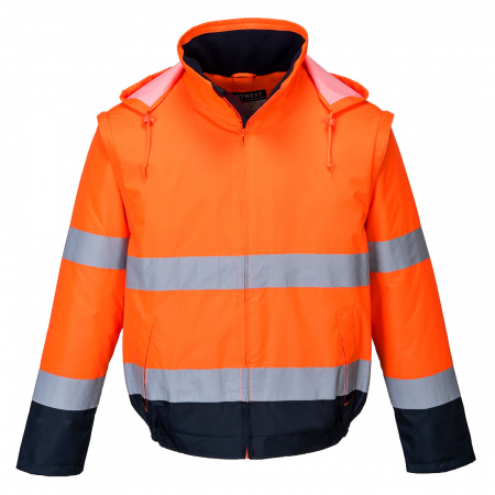Jachete reflectorizante (HI-VIS) - PORTWEST C464, Jachetă bomber Hi-Vis 2 în 1, contrast portocaliu/navy sau galben/navy, poliester Oxford 150D, strat superior PVC 200 g/mp, căptușeală fleece 300 g/mp, mâneci căptușite 120 g/mp
