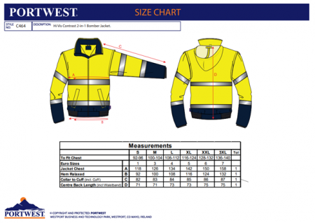 PORTWEST C464, Jachetă bomber Hi-Vis 2 în 1, contrast portocaliu/navy sau galben/navy, poliester Oxford 150D, strat superior PVC 200 g/mp, căptușeală fleece 300 g/mp, mâneci căptușite 120 g/mp [1]