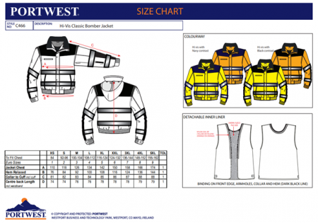PORTWEST C466, Jachetă Bomber Hi-Vis Classic 3 în 1, 100% poliester 300D Oxford, căptușeală blană 400g, certificare EN ISO 20471 Clasa 3 [1]