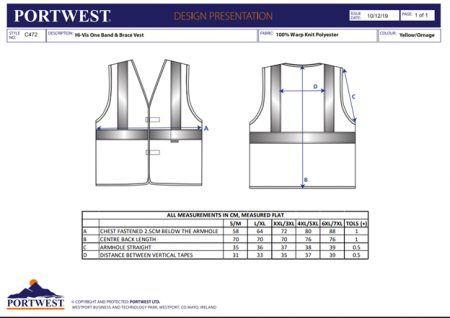 PORTWEST C472, Vestă cu bretele și bandă Hi-Vis, 100% poliester, tricotaj 124g, certificare EN ISO 20471 Clasa 2 [1]