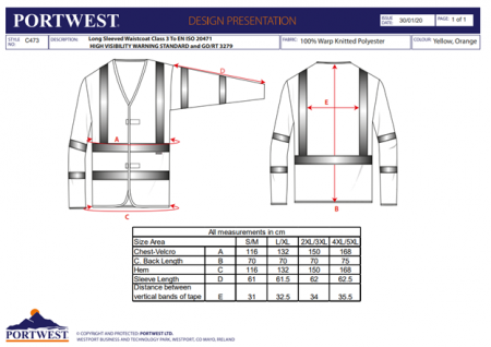 PORTWEST C473, Vestă Hi-Vis cu mâneci lungi, 100% poliester tricotat 124 g/mp, certificare EN ISO 20471 Clasa 3 [1]