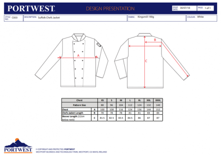 PORTWEST C833, Jachetă de bucătar Suffolk cu mânecă lungă, din polibumbac, 190 g/mp [1]