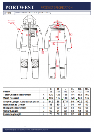 PORTWEST CS12, Combinezon ColdStore din poliester Oxford 150 g/mp, căptușeală matlasată 300 g/mp [1]