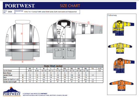 PORTWEST S426, Jachetă HI-VIS tip 7-in-1, cu glugă detașabilă, din poliester 300D, 190 g/mp, căptușeală interioară plasă 60 g/mp, și interior detașabil 160 g/mp [1]