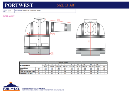 PORTWEST S471, Jachetă HI-VIS 4-in-1, din poliester 300D, 190 g/mp, căptușeală 60 g/mp, vestă interioară 200 g/mp [1]