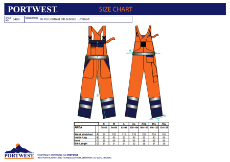 PORTWEST S488, Pantaloni cu pieptar HI-VIS necăptușiți, din poliester 300D, 190 g/mp [2]