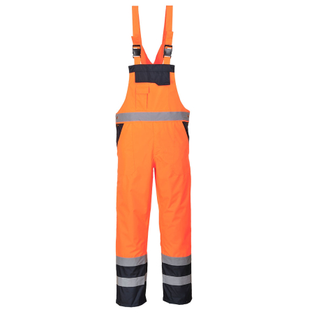 Pantaloni si salopete reflectorizante (HI-VIS) - PORTWEST S489, Pantaloni cu pieptar HI-VIS, din poliester 300D, 190 g/mp, căptușeală termică 170 g/mp