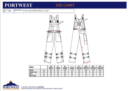 PORTWEST S489, Pantaloni cu pieptar HI-VIS, din poliester 300D, 190 g/mp, căptușeală termică 170 g/mp [1]