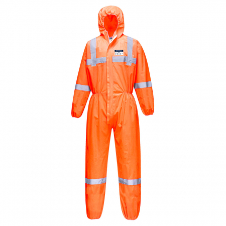 Combinezoane unică folosință - PORTWEST ST36, Salopetă SMS BizTex Tip 5/6, cu bandă reflectorizantă, din trilaminat polipropilenă SMS 55 g/mp