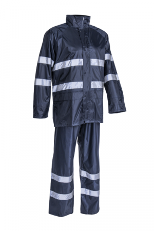 Costume reflectorizante (HI-VIS) - RAINET SUIT, Costum impermeabil cu glugă încorporată, din poliester acoperit cu PVC, 200 g/mp, benzi reflectorizante
