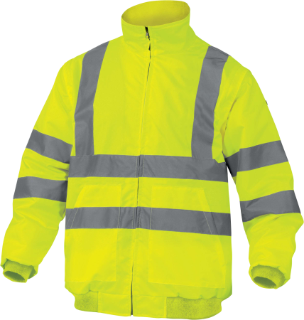 Îmbrăcăminte REFLECTORIZANTĂ (HI-VIS) - RENO HV, Jachetă HI-VIS 2 în 1 cu mâneci detașabile și glugă retractabilă din poliester Oxford cu acoperire poliuretanică, 465 g/mp