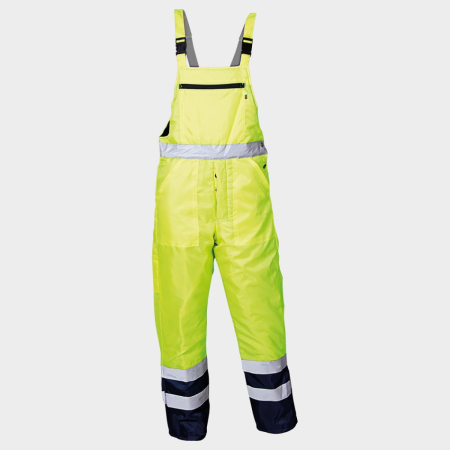 Pantaloni si salopete reflectorizante (HI-VIS) - SKIPPER, Pantaloni cu pieptar HI-VIS impermeabili si vatuiti din poliester Oxford 240D, 150 g/mp