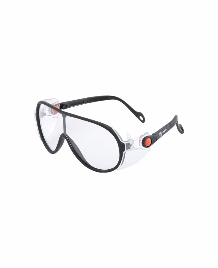 Ochelari de protecție - V5000, Ochelari de protecție din policarbonat incolor, ramă nylon negru, protecții laterale integrate, brațe reglabile, anti-aburire, UV