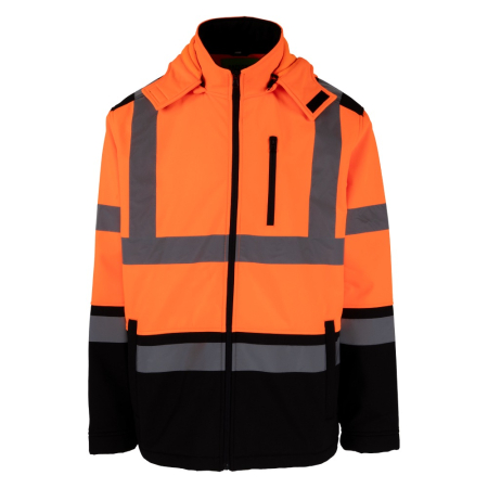 Îmbrăcăminte REFLECTORIZANTĂ (HI-VIS) - VIZLITE, Jachetă softshell de vizibilitate cu glugă detașabilă din poliester, 310 g/mp, strat interior din microfleece