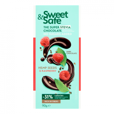 Alimentare - CIOCOLATA AMARUIE SEMINTE CANEPA SI ZMEURA INDULCITOR STEVIE 90 G SWEET&amp;SAFE