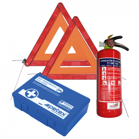 Set pachet prim ajutor auto, trusa sanitara PET, stingator 1kg SEP, triungiuri presemnalizare 2buc [1]