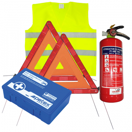 Set pachet prim ajutor auto, trusa sanitara PET, stingator 1kg SEP, triungiuri presemnalizare 2buc, vesta reflectorizanta SLH [1]