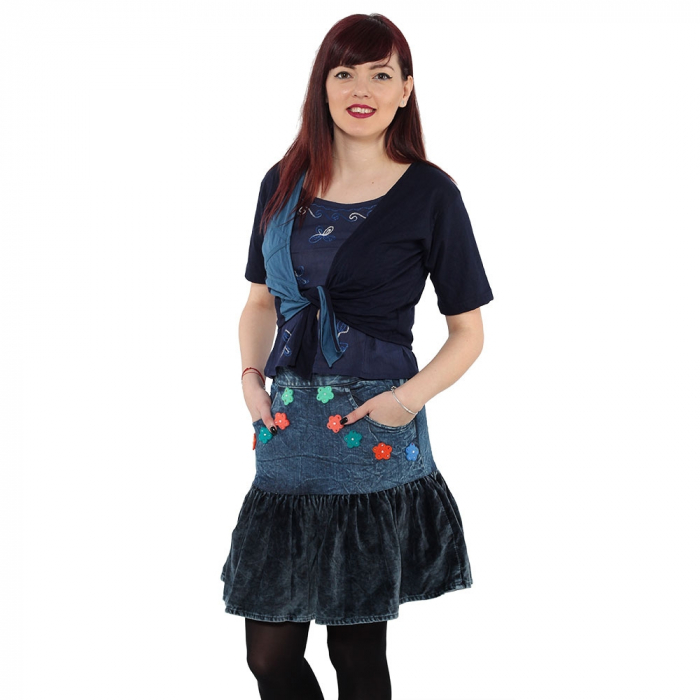 Fusta bumbac 100% - denim cu flori, albastru [3]