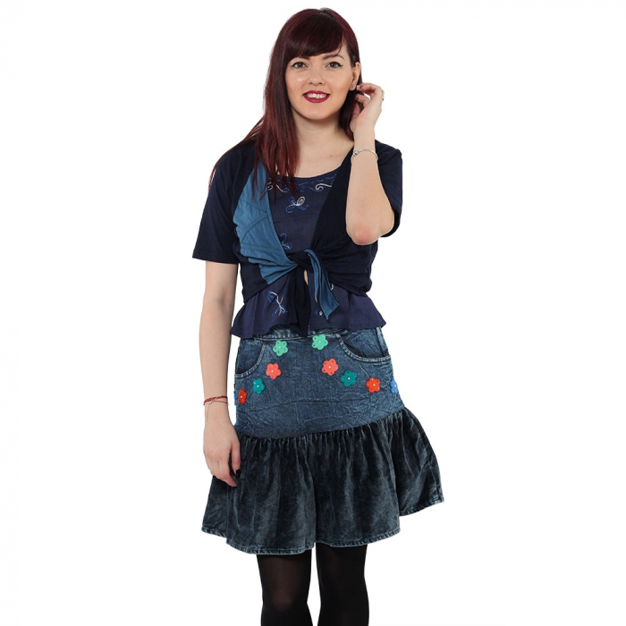 Fusta bumbac 100% - denim cu flori, albastru [5]