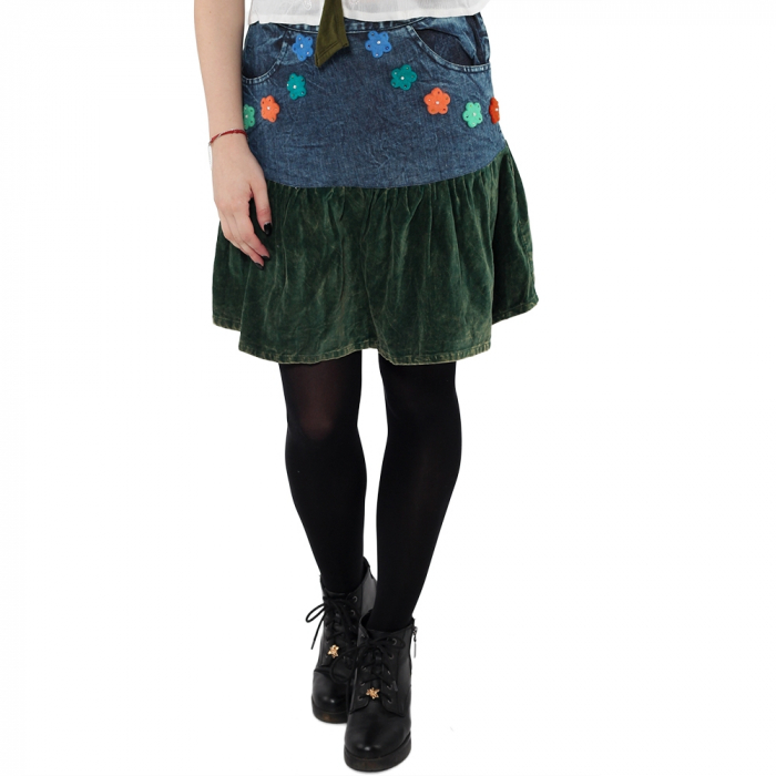 Fusta bumbac 100% - denim cu flori, verde [3]