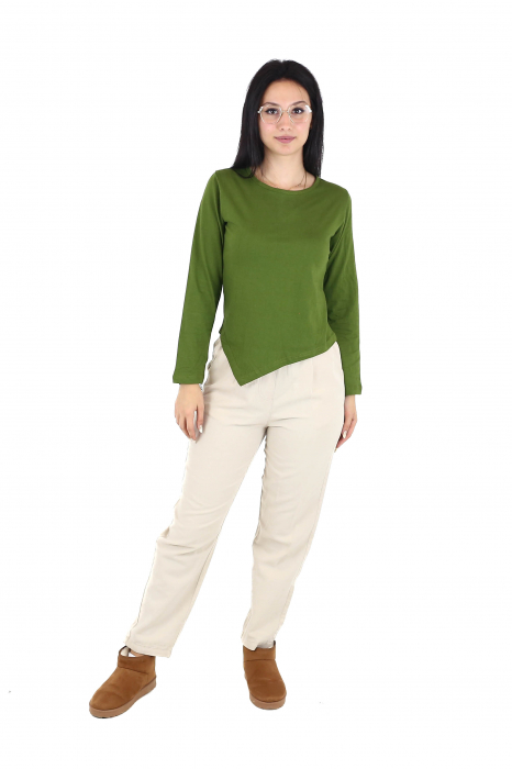 Bluza asimetrica intr-o culoare din bumbac cu maneca lunga - Verde [2]