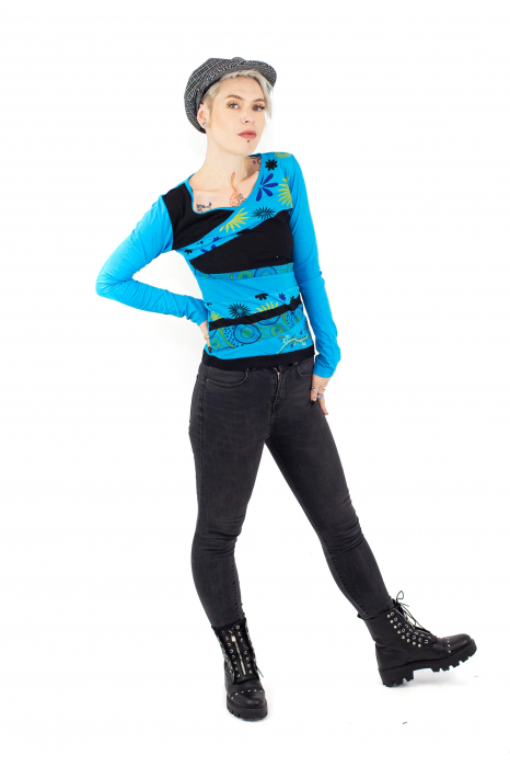 Bluza cu maneca lunga cu print abstract - Albastru cu Negru [3]