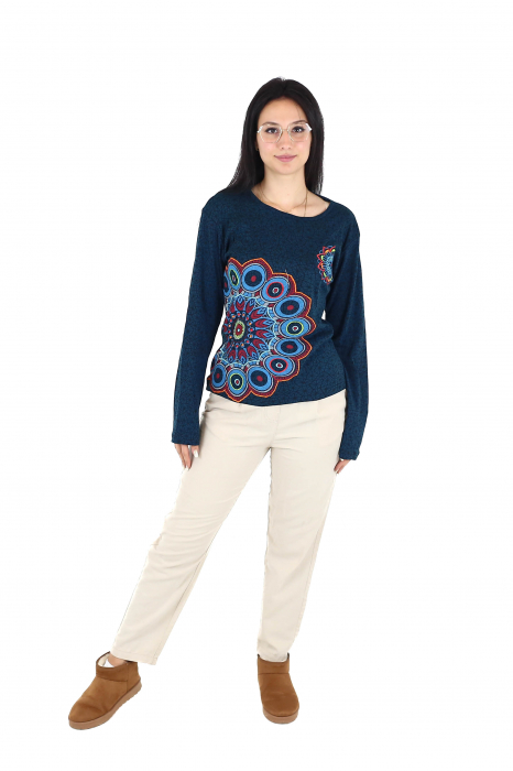 Bluza cu maneca lunga cu print all over si broderie mandala - Visiniu [2]