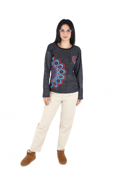 Bluza cu maneca lunga cu print all over si broderie mandala - Visiniu [2]