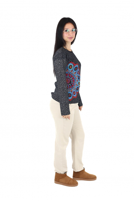 Bluza cu maneca lunga cu print all over si broderie mandala - Visiniu [3]