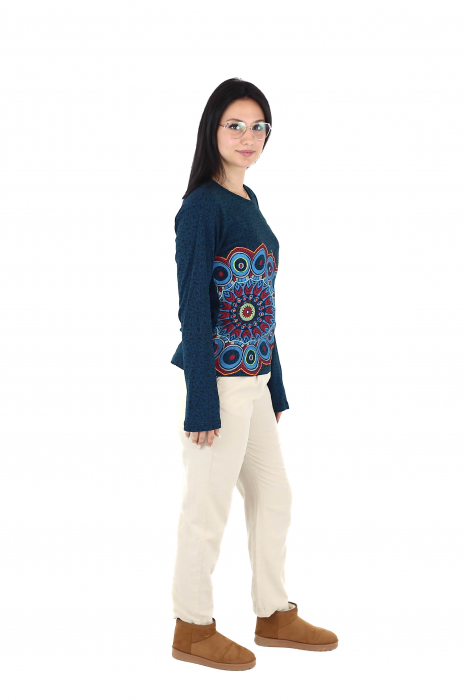 Bluza cu maneca lunga cu print all over si broderie mandala - Visiniu [3]