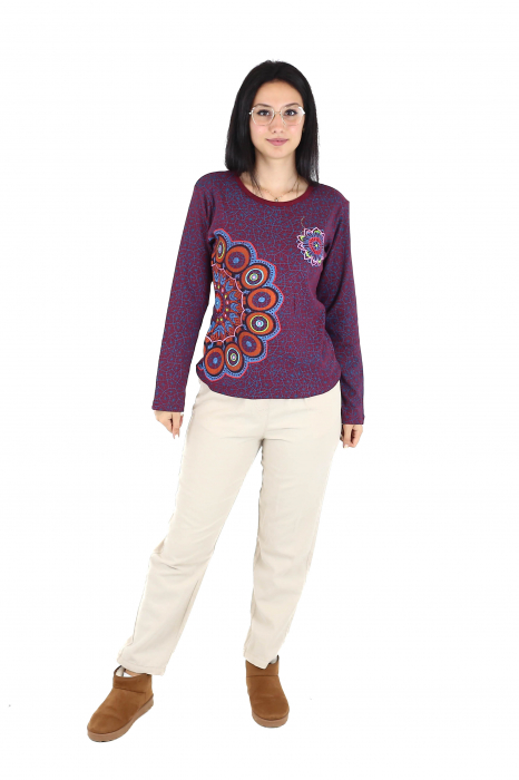 Bluza cu maneca lunga cu print all over si broderie mandala - Visiniu [2]