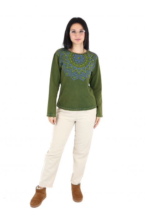 Bluza cu maneca lunga din bumbac cu print mandala si detalii la guler - Mustar [2]