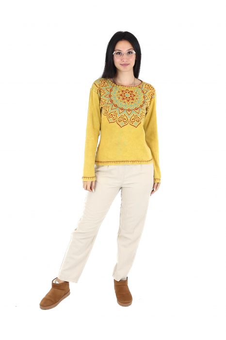 Bluza cu maneca lunga din bumbac cu print mandala si detalii la guler - Mustar [2]