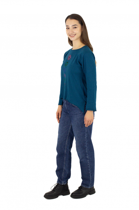 Bluza din 100% bumbac cu imprimeu floral - Teal [3]